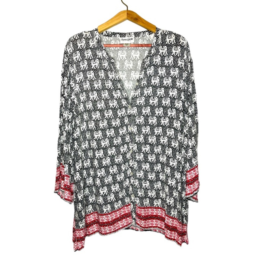 Serengeti 3X Womens plus-size black white red elephant print button up boho top